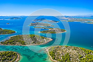 Murter archipelago, aerial view of turquoise bays from drone, D