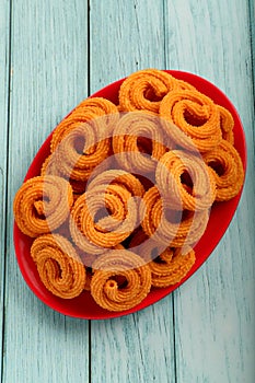 Murukku ,chakkli  delicious Indian vegan foods. top view.