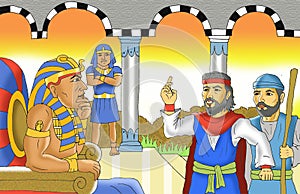 Musa and pharaoh in the palace guarded by guards cartoon illustration