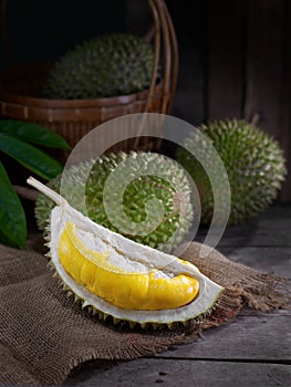 Musang king durian on wooden mood background