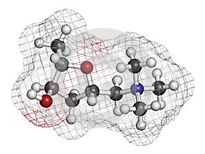 Muscarine mushroom toxin molecule. Agonist of the muscarinic acetylcholine receptors. 3D rendering. Atoms are represented as.