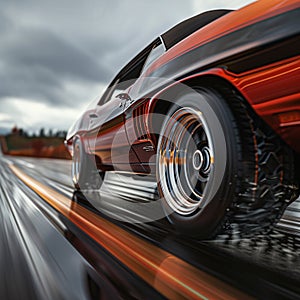 Muscle Car in Motion, Blurred Wheels in Fast Lane, Speeding