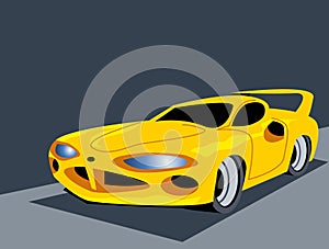 Muscle car. Stylized drawing of a yellow sportcar on a race track.