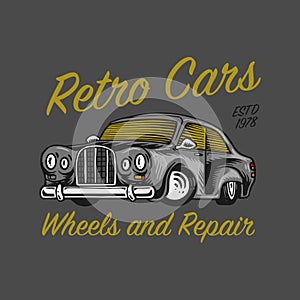 Muscle car for T-shirt, Vintage transport. Classic Retro old school auto service. Poster or Banner. Engraved hand drawn