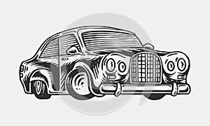 Muscle car or vintage transport. Classic Retro old school auto service. Poster or Banner. Engraved hand drawn sketch for