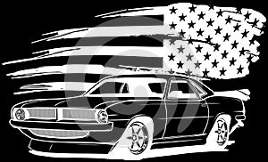 Muscle car in white line on black background