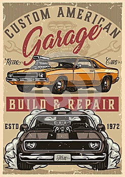 Muscle cars custom garage colorful poster