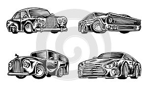 Muscle cars and vintage transports for logo and labels. Set of retro old school auto service. Collection of classic