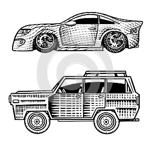 Muscle cars and vintage transports for logo and labels. Set of retro old school auto service. Collection of classic