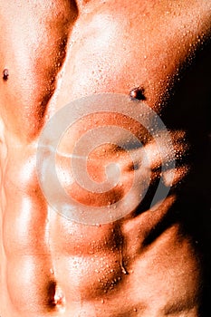 Muscle and Power Athletic Gay Posing Naked. Strong and Sensual. Close up Male chest. Chest muscles. Muscled male torso