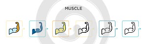 Muscle vector icon in 6 different modern styles. Black, two colored muscle icons designed in filled, outline, line and stroke