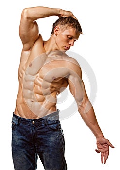 Muscle wet naked young man posing