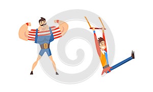 Muscled Man and Acrobat Hanging on Aerial Bar as Traveling Chapiteau Circus Vector Set