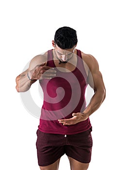 Muscleman showing empty blank space on his shirt