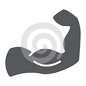 Muscles glyph icon, power and bodybuilding, muscular arm sign, vector graphics, a solid pattern on a white background.