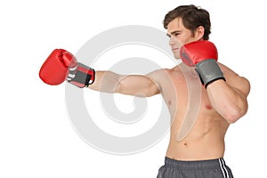 Muscly man wearing red boxing gloves and punching