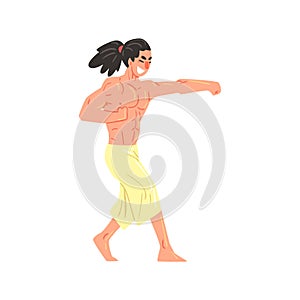 Muscly Shirtless Karate Professional Fighter Kicking With Fist Cool Cartoon Character