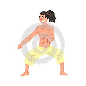 Muscly Shirtless Karate Professional Fighter In Starting Stance Cool Cartoon Character
