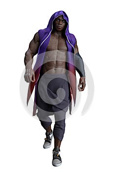 Muscular African man with cybernetic implants and futuristic clothes. 3D illustration isolated on white.