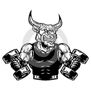 Muscular angry bull bodybuilder with dumbbells