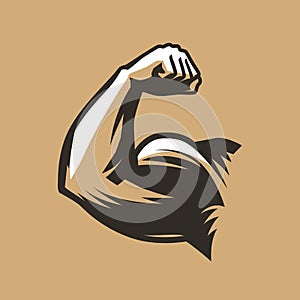 Muscular arm with clenched fist. Bodybuilding, gym symbol