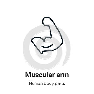 Muscular arm outline vector icon. Thin line black muscular arm icon, flat vector simple element illustration from editable human