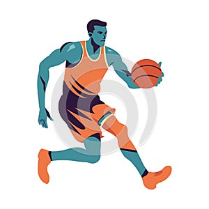 Muscular athlete dribbling basketball ball