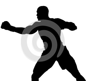 Muscular athlete, professional boxer beats a boxing jab straight punch beats volerkraft with boxing gloves. silhouette