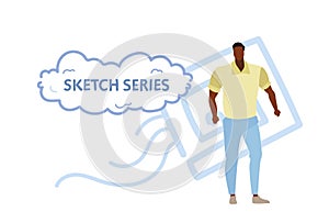 Muscular athletic man wearing casual clothes fashion style concept african american guy standing pose sketch doodle full