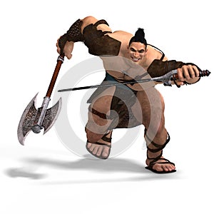 Muscular Barbarian Fight with Sword and Axe