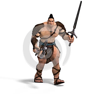 Muscular Barbarian Fight with Sword and Axe