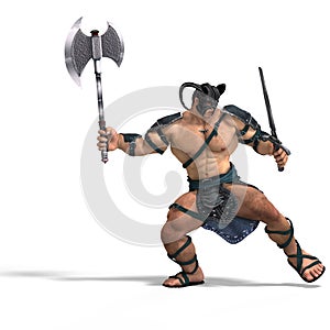 Muscular Barbarian Fight with Sword and Axe photo