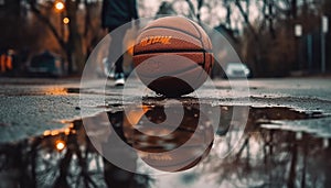 Muscular basketball player dribbling ball at dusk generated by AI