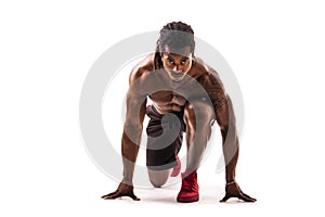 Muscular black man ready to sprint and run