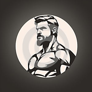 Muscular Black And White Outline Icon - Retro Woodcut Style