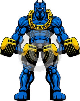 Muscular Blue PitBull Bodybuilder Mascot Doing Exercise With Dumbbells