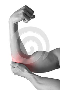 Muscular body man holding elbow sore in pain in body health care and sport medicine