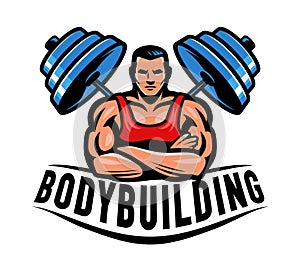 Muscular bodybuilder and barbell emblem. Bodybuilding logo or badge. Gym symbol vector illustration