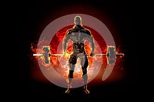 Muscular bodybuilder with barbell. Fire explode concept. 3d illu