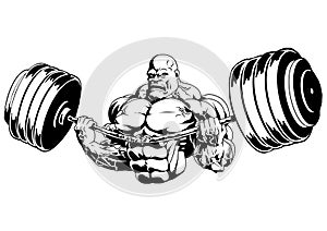 Muscular bodybuilder flex barbell