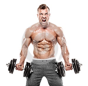 Muscular bodybuilder guy doing exercises with dumbbell