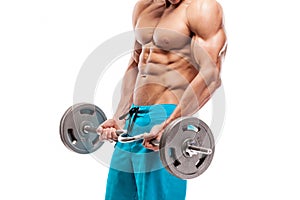 Muscular bodybuilder guy doing exercises with dumbbells