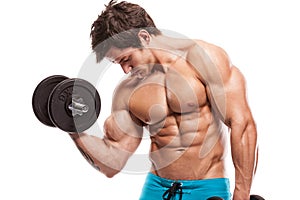 Muscular bodybuilder guy doing exercises with dumbbells over white background