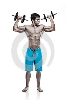 Muscular bodybuilder guy doing exercises with dumbbells over white background