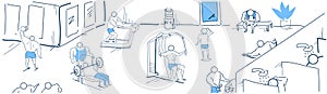 Muscular bodybuilders training gym workout power diversity simulators exercises concept sketch doodle banner
