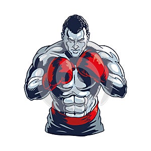 Muscular boxer isolated on white. Champion boxing, stylized vector illustration.