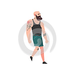 Muscular Brutal Bald Bearded Man, Attractive Tattooed Guy Wearing Black Sleeveless Shirt and Shorts Vector Illustration