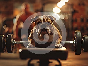 A muscular bulldog on a gym bench exudes fitness vibes, adding humor and motivation to workout scenes. This image is ideal for