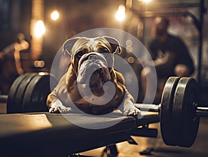 A muscular bulldog on a gym bench exudes fitness vibes, adding humor and motivation to workout scenes. This image is ideal for