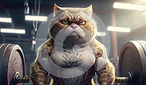 muscular cat athlete bodybuilder trains with barbell in gym. Generative AI illustration